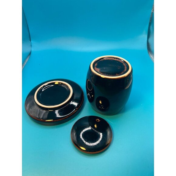 Vintage Japanese  Tenmoku glaze  Ceramic Sauce Pot With Lid & Matching Saucer - Picture 5 of 6